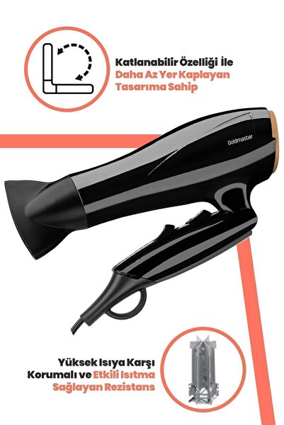 GOLDMASTER Karayel 2400 Watt Dc Motor Hız Ve Isı Ayarlı Katlanabilir Difüzörlü Saç Kurutma Makinesi