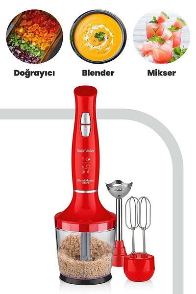 GOLDMASTER Blendmaster Red 1000 Watt Silent Speed Adjustable 3 In 1 Chopper Mixing Blender Set