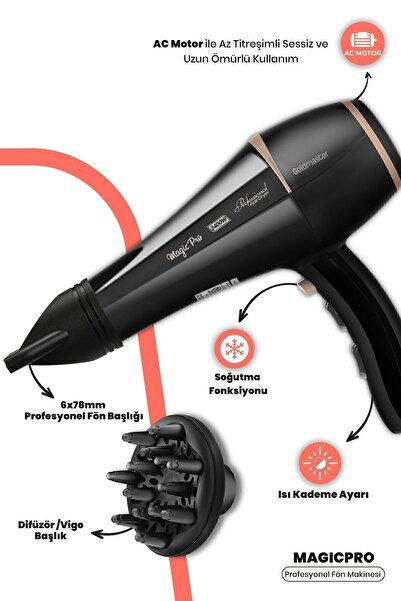 GOLDMASTER Magic Pro 2400 Watt Ac Motor Profesyonel 6x78 Mm Kuaför Saç Kurutma Ve Fön Makinesi