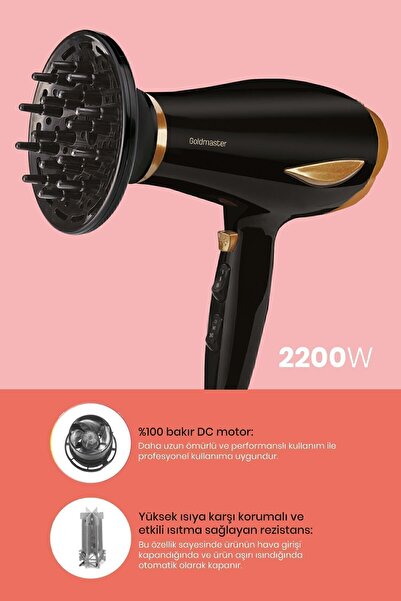 GOLDMASTER Rüzgar 2200 Watt Dc Motorlu Isı Ve Hız Ayarlı Difüzör Başlıklı Saç Kurutma Makinesi Gold