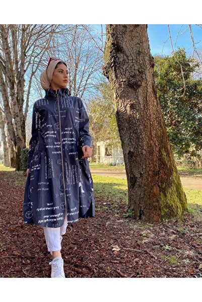 Hepsibitarz Kadın Gri Yazılı Kapüşonlu Italyan Trençkot