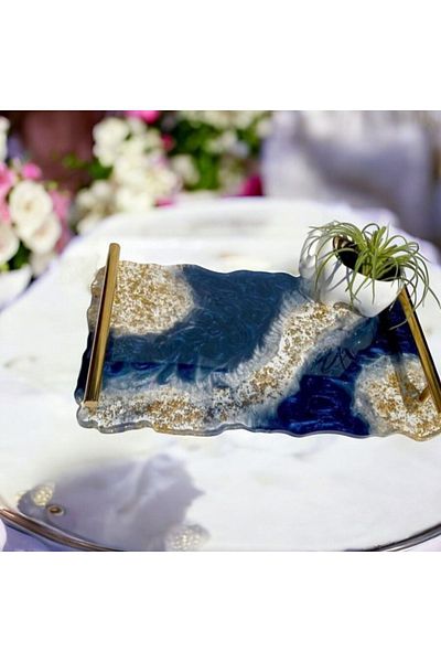 Home Blue Gold Epoxy Tray, Personalized Customization, Stylish Presentation Tray, Dessert Tray