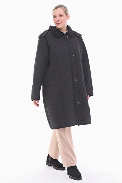 VETRE Women's Large Size Hooded 105 Cm Black Quilted Coat 1018