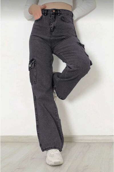 Joui Co Kız Çocuk  %100 Pamuk Yüksek Bel Geniş Paça Wide Leg Kargo Kot Pantolon