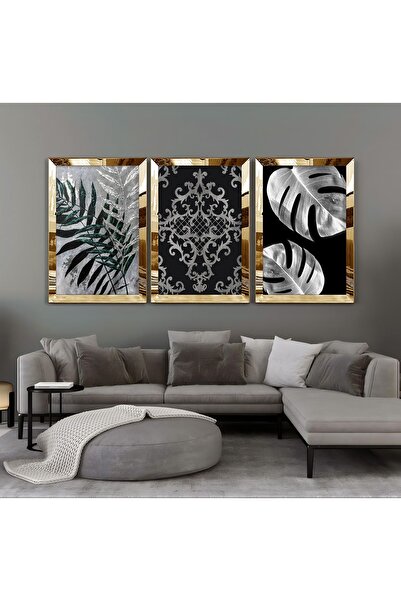 Harikabirev | Combinație de frunze și flori argintiu-negru | Tablou MDF cu ra...
