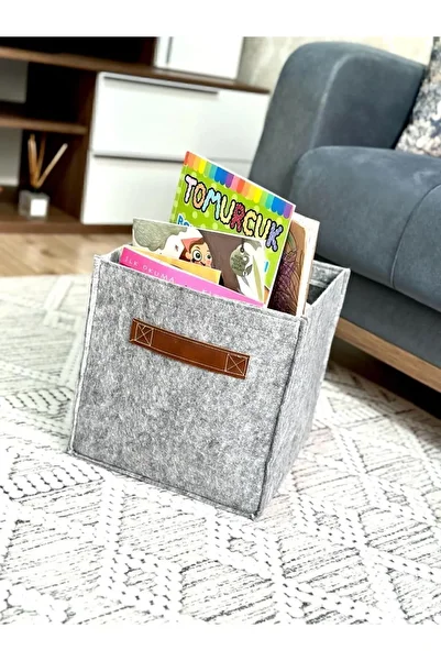 harev home collection 30x30x30 Cm Gray Leather Handled Felt Box - Laundry and Toy Organizer