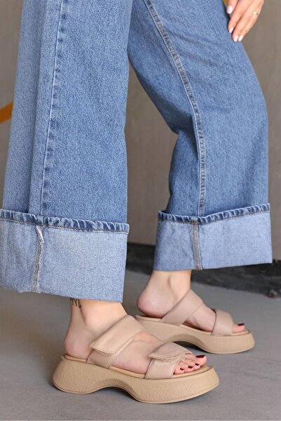 NILUFARR Дамски чехли с каишки Flora Beige от естествена кожа