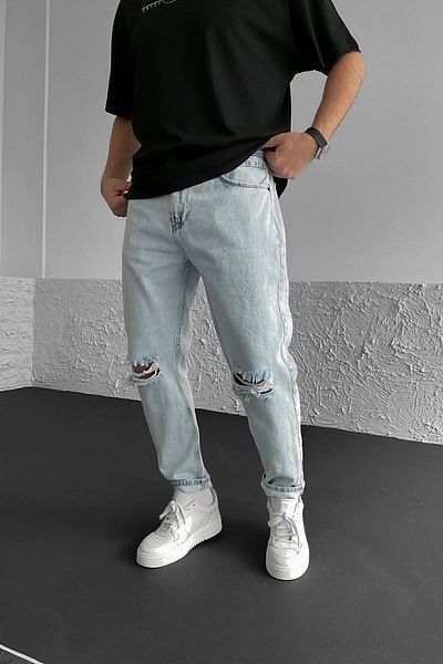 NO61 MAN Boyfriend Ice Blue Color Knee Ripped Model Comfortable Fit Jeans