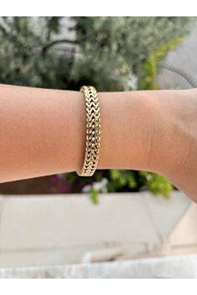 LA POTENTE BEREN Kadın Çelik Altın Kaplama Kuyumcu Model Balıksırtı Örgü Zincir Bileklik Künye