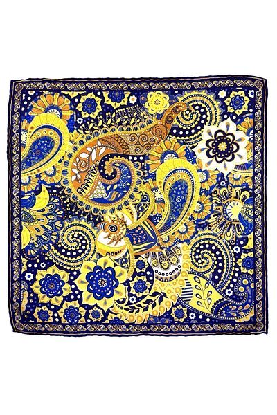 Kravatkolik Yellow - Dark Blue Shawl Pattern Men's Pocket Handkerchief SPS629-109