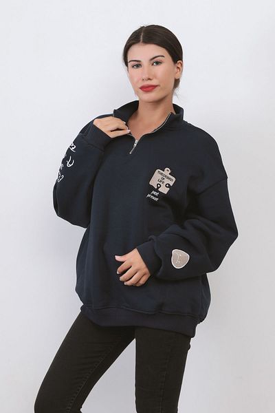 GİYSA Hanorac oversize pentru femei cu broderie albastru bleumarin - Jumătate cu fermoar, amestec de bumbac - 9009
