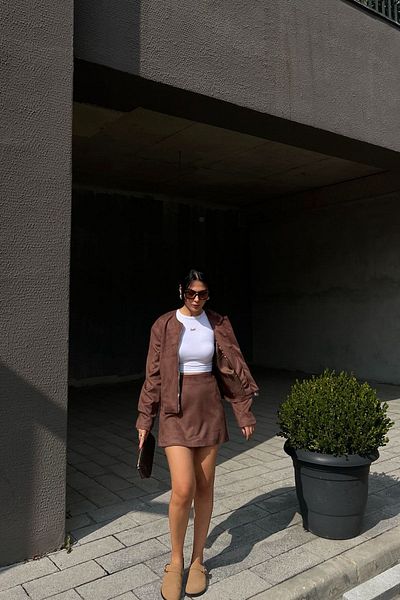Seda Yalçın Atelier Dark Brown Suede Jacket and Skirt Set - Double Zipper