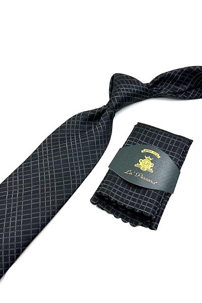 Kravatkolik Classic Tie with Smoked Handkerchief - Square Pattern KK12588