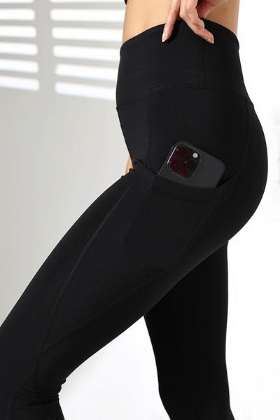 cottonage Jambiere sport negre pentru femei cu talie înaltă și buzunare duble - strângere
