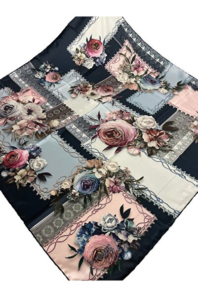 PİRAMİT EŞARPLARI Piramit Dijital Baskı 90cm X 90cm Çiçek Desen Lacivert Pudr...