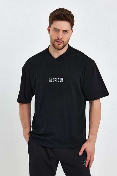 THE RULE Ανδρικό γιακά με λεπτομέρειες Oversize 100% βαμβακερό φαρδύ φαρδύ λαιμόκοψη μαλακό μαύρο μπλουζάκι