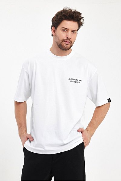 THE RULE Tricou alb, larg, cu decolteu lat, 100% bumbac, cu imprimeu Love's For Show