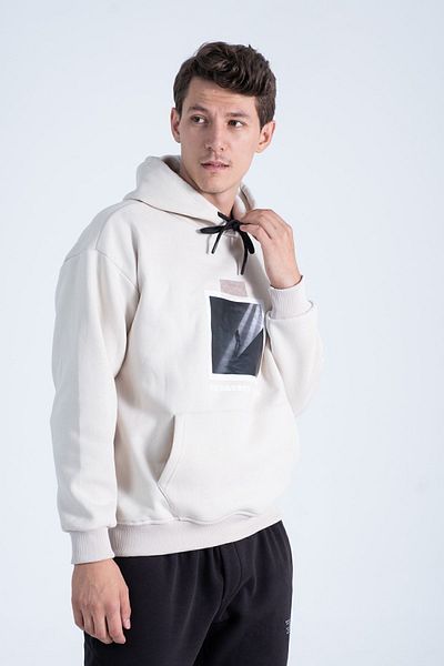 THE RULE Ανδρικό μπλουζάκι μπεζ Oversize Fit με στάμπα με κουκούλα και μαλακό γούνινο εσωτερικό