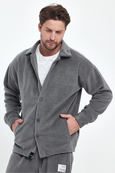 THE RULE Erkek Oversize Tüylenme Yapmayan Soğuk Geçirmez Bol Kesim Gömlek Yaka Ice Gri Polar Hırka Rf0312