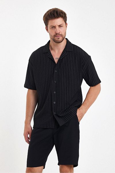THE RULE Black Thin Striped Oversize Summer Shirt - Short Sleeve, Comfortable Fit