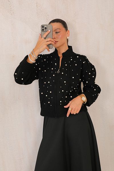 Melike Tatar 32-7007 Model Black Pearl Detailed Knitwear Cardigan