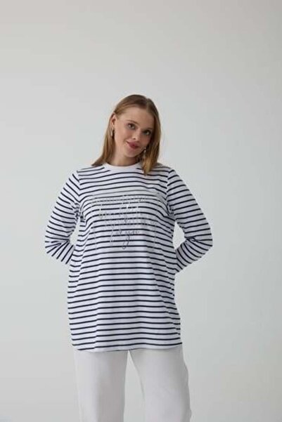 Moodbasic تونيك قطني مطبوع عليه حجر مخطط - أزرق داكن