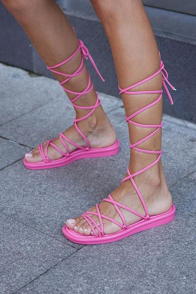Madamra Fuchsiafarbene, gewickelte Puff-Sandalen für Damen mit Schnürung
