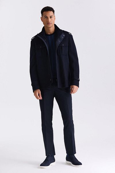 Jakamen Тъмносиньо-2 Slim Fit Кашмирено палто с Еполета и Шарка