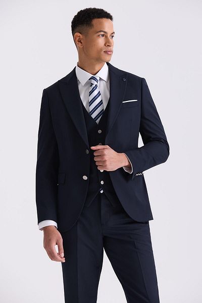 Jakamen Navy Blue Slim Fit Pointed Collar Vest Suit