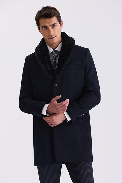 Jakamen Μπλε Navy Regular Fit Αποσπώμενος Γούνινος Γιακάς Μάλλινο Παλτό