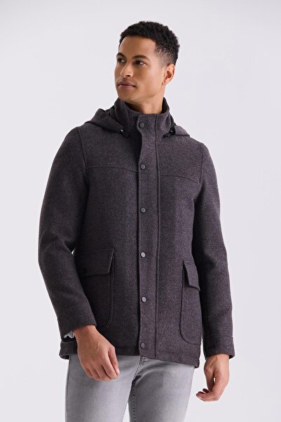 Jakamen Claret Red Comfort Fit Judge Collar Patterned Hooded Woolen Sports Coat