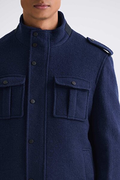 Jakamen Синій Slim Fit з коміром-стійкою та еполетами, спортивний кашеміровий пальто з візерунком