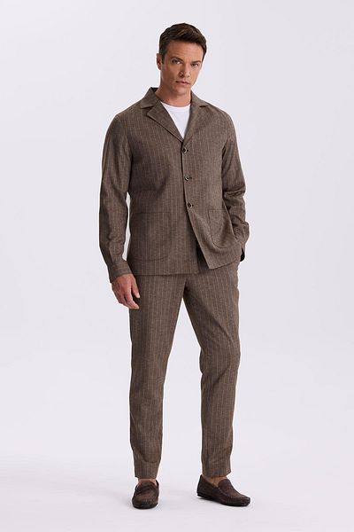 Jakamen Καφέ Slim Fit Πέτο Απάσα Λινό Μικτό Ριγέ Κοστούμι με διπλό σχιστό