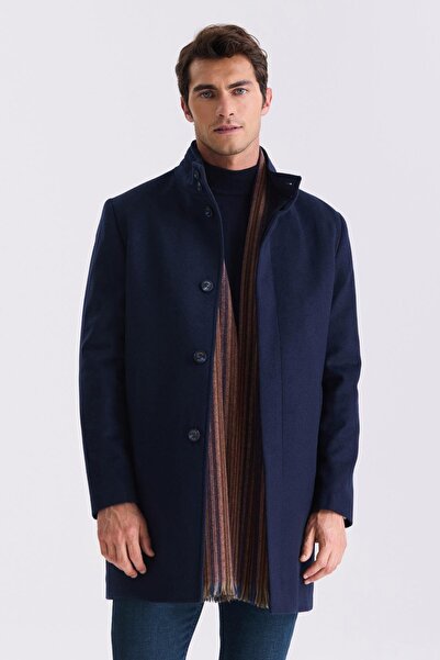 Jakamen Lacivert Slim Fit Dik Yaka Balık Sırtı Desenli Yünlü Spor Kaban