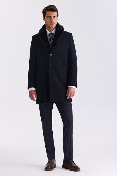 Jakamen Μπλε Navy Regular Fit Αποσπώμενος Γούνινος Γιακάς Μάλλινο Παλτό