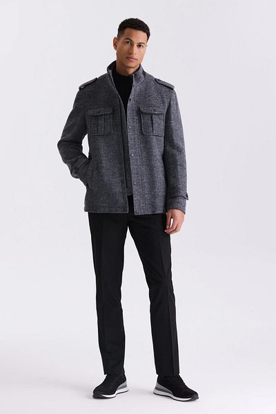 Jakamen Anthracite Slim Fit Judge Collar Epaulette Patterned Sports Stamp Coat