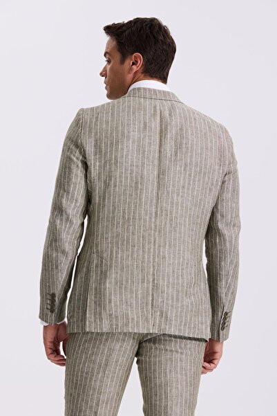 Jakamen Khaki Slim Fit Swallow Collar Double Slit 100% Linen Sports Suit