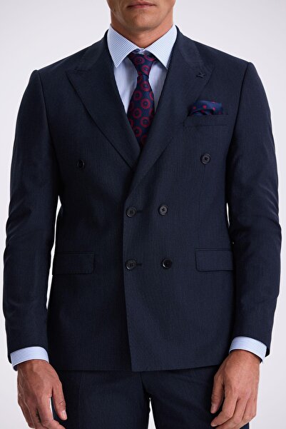 Jakamen Lacivert Slim Fit Kırlangıç Yaka Çift Yırtmaç Yünlü Kruvaze Takım Elbise