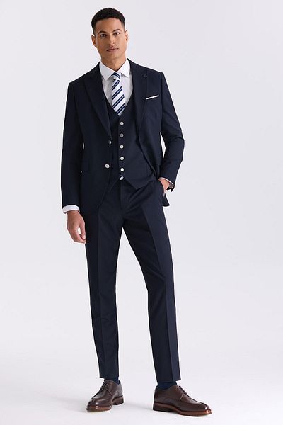 Jakamen Navy Blue Slim Fit Pointed Collar Vest Suit