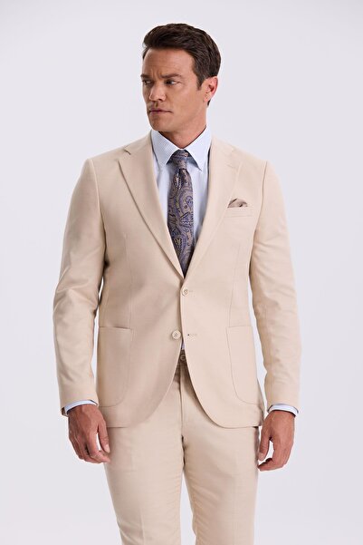 Jakamen Bej Slim Fit Mono Yaka Çift Yırtmaç Torba Cepli Takım Elbise