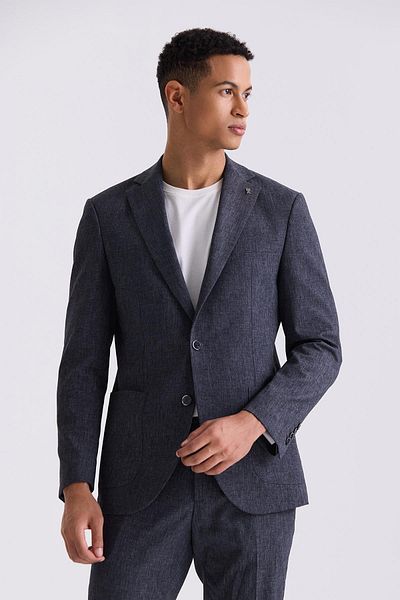 Jakamen Dark Navy Slim Fit Mono Collar Linen Suit