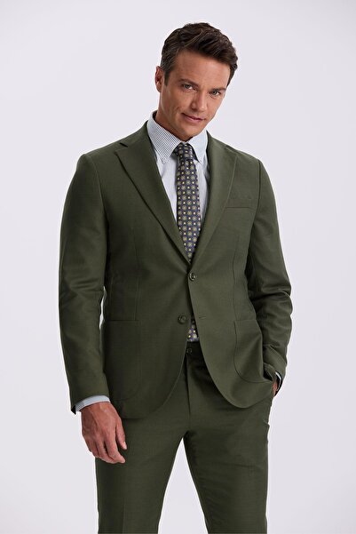 Jakamen Haki Slim Fit Mono Yaka Çift Yırtmaç Torba Cepli Takım Elbise