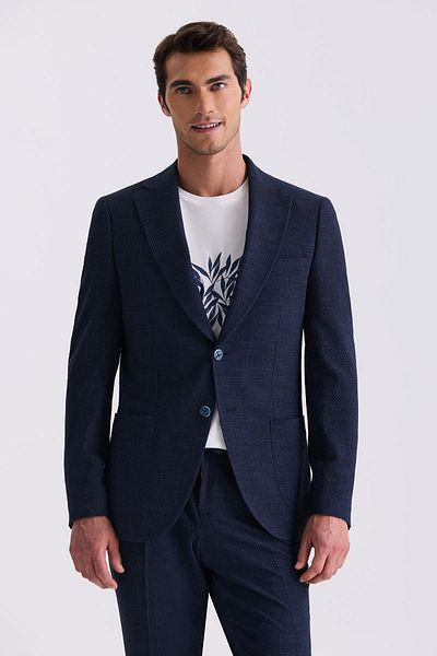 Jakamen Navy Blue Slim Fit Mono Collar Patterned Sports Suit