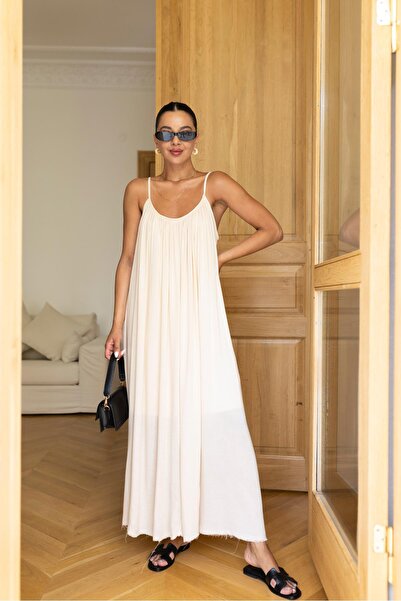 Askı Nişantaşı Stone Lined Thin Strap Linen Dress