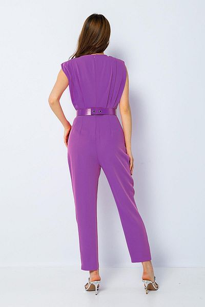 Green & Country Lilac Degaje Collar Padded Shoulder Belt Carrot Leg Jumpsuit