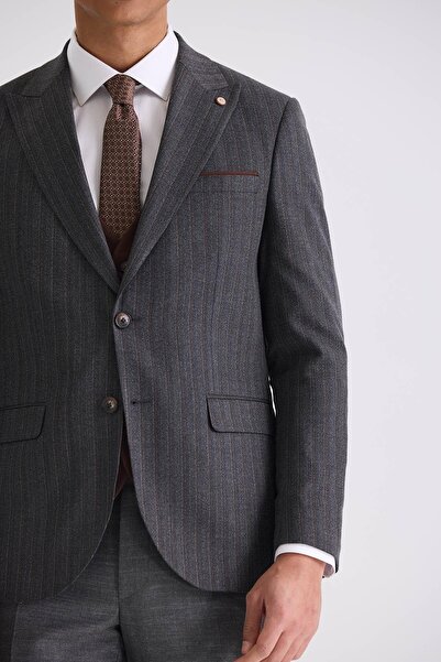 Jakamen Antrasit Slim Fit Sivri Yaka Çizgili Kombinli Yelekli Takım Elbise