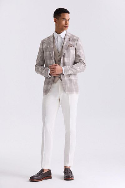 Jakamen Brown Slim Fit Mono Collar Checkered Combination Vest Suit