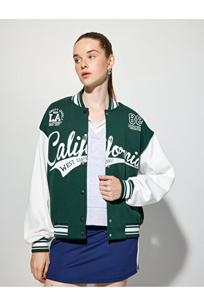 Koton Jachetă de colegiu oversize cu guler bomber imprimat cu nasturi cu apăsare