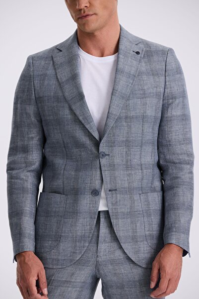 Jakamen Lacivert Slim Fit Mono Yaka Kareli Torba Cepli %100 Keten Takım Elbise