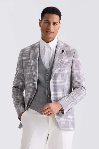 Jakamen Gray Slim Fit Mono Collar Checkered Vest Suit